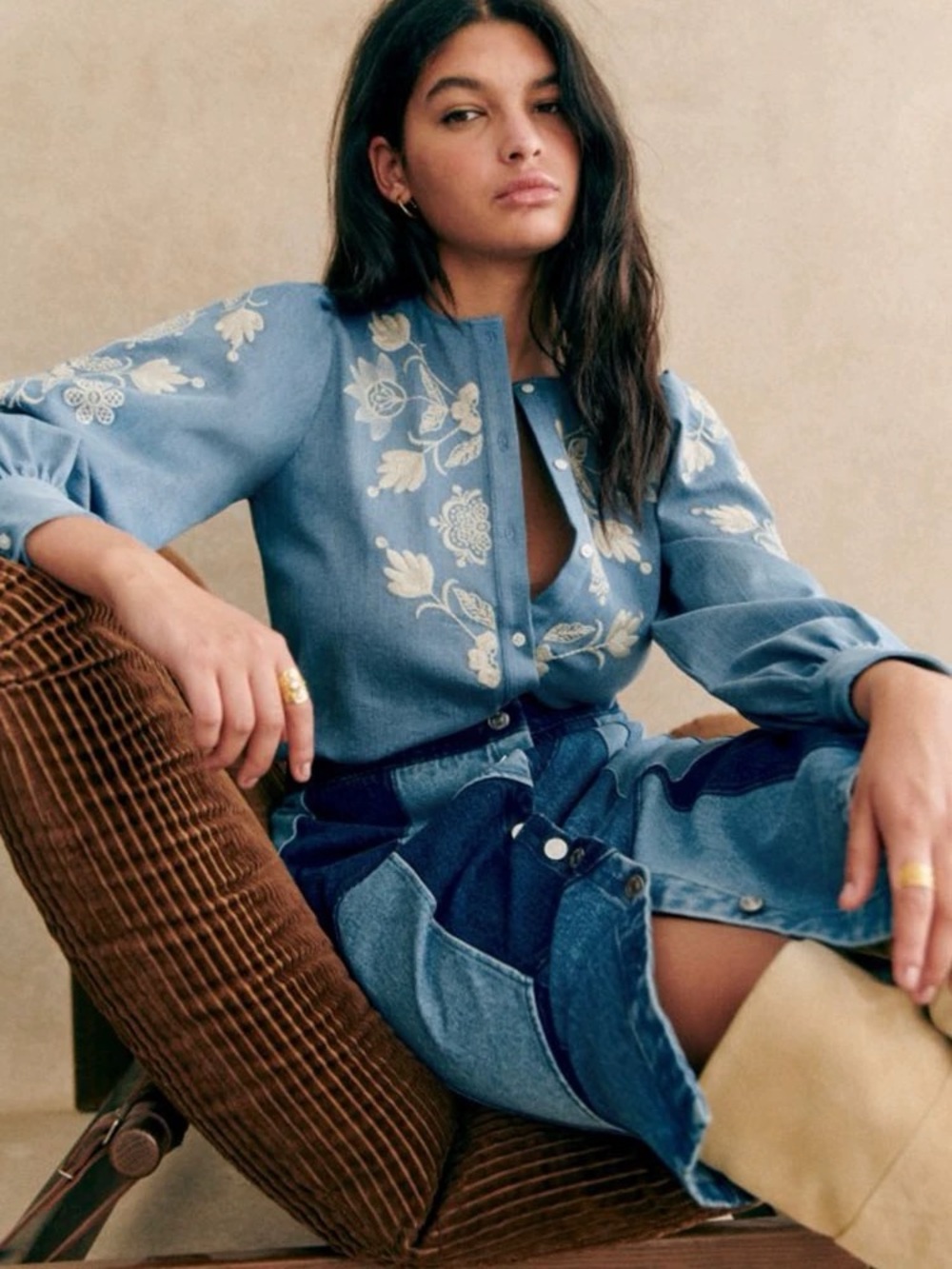 Sezane Embroidered Blue Cotton-Blend Peasant Blouse, S M L - Picture 4 of 4